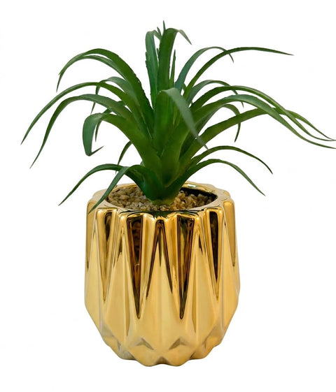 Realistic Artificial Plant in Gold Porcelain Pot Geometric Luxury Modern Home Decor for Office Shelf Living Room Indoor Natural Looking Artificial Plant