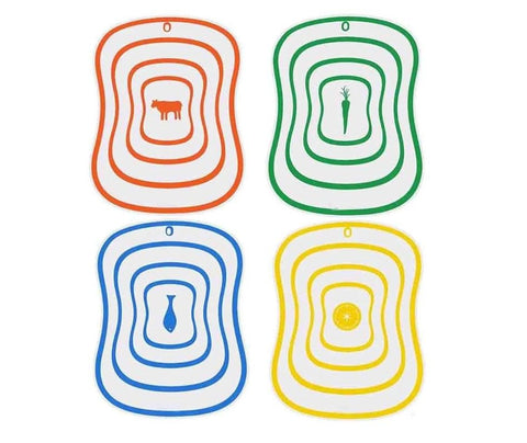 DE LUJO D-LOGO Foldable Cutting Board Set of 4 Assorted Colors with Graphics for Vegetables, Fish, Meat, Poultry - Non-Slip Plastic with Textured Patterns - Easy to Clean with Hanging Hole