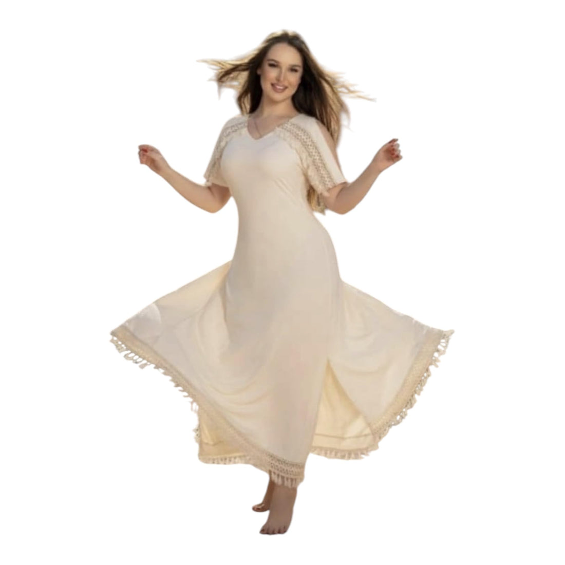 BONBONAYA Women's Long Cotton Maxi Dress, Cream, V-Neck with Lace Detail, Tassel Hem, 3XL