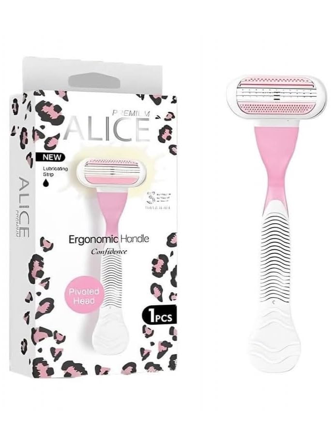 Alice Premium Razor for Women – 3 Blades with Lubricating Strip – Pivoted Head & Ergonomic Handle – For Sensitive Skin – Ideal for Body, Bikini Area & Underarms – Pink & White – 1 Piece