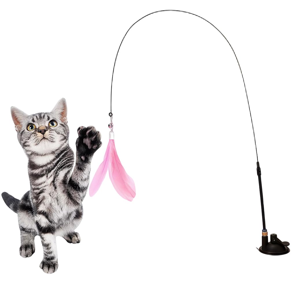 Qpets® Cat Toys with Suction Cup, Hands-Free Cat Teaser Wand, Interactive Pet Toy with Feather Attachments for Indoor Active Play (Pink)