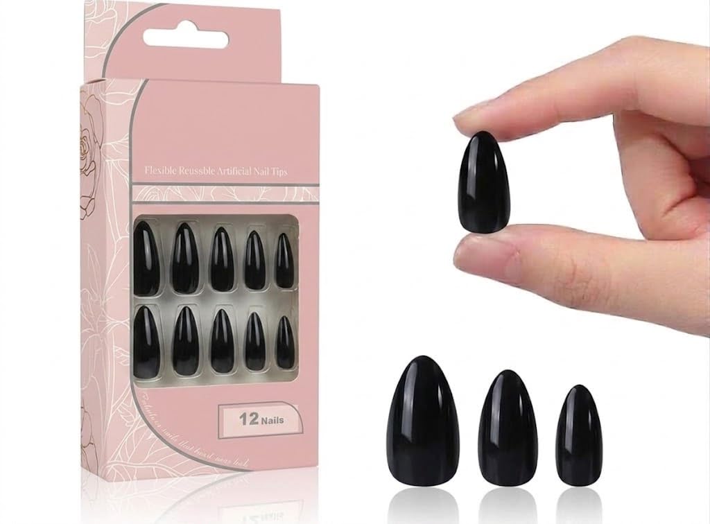 12 pc Press on Nails Medium Fake Nail Tips Nude Acrylic Nails Press ons Nail Almond Short Stiletto False Nail French Artificial with one sheet double face -10