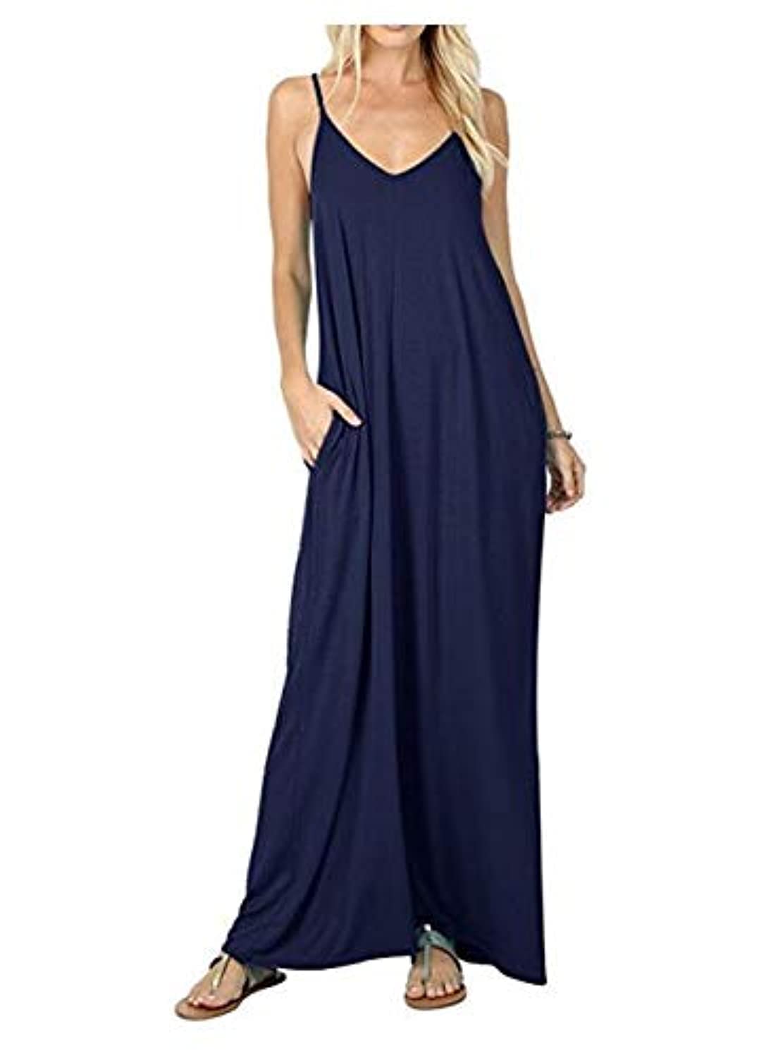 Women's Summer Casual Plain Flowy Pockets Loose Beach Cami Maxi Dress
