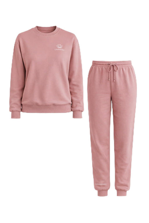 Lavandula Women's Winter Pyjama Set, Soft Cotton, Crewneck Sweatshirt and Jogger Pants, Lotus Logo, Pink and Grey