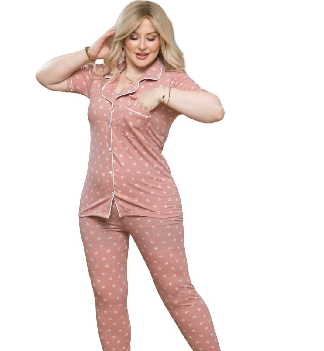 Women's Cotton Pajamas Comfortable Soft Touch Simple Style Button Down T-Shirt with Pants for Everyday Use Whether Sleeping or Spending Quiet Time at Home