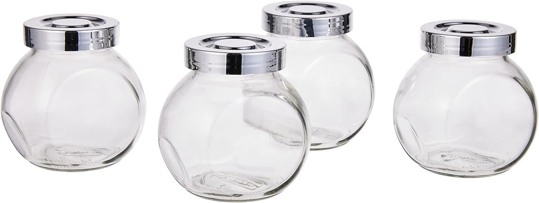RAJTAN Spice jar, Glass, Aluminum Color, Clear Color, Glass Jar Set Design Kitchen Storage (4)