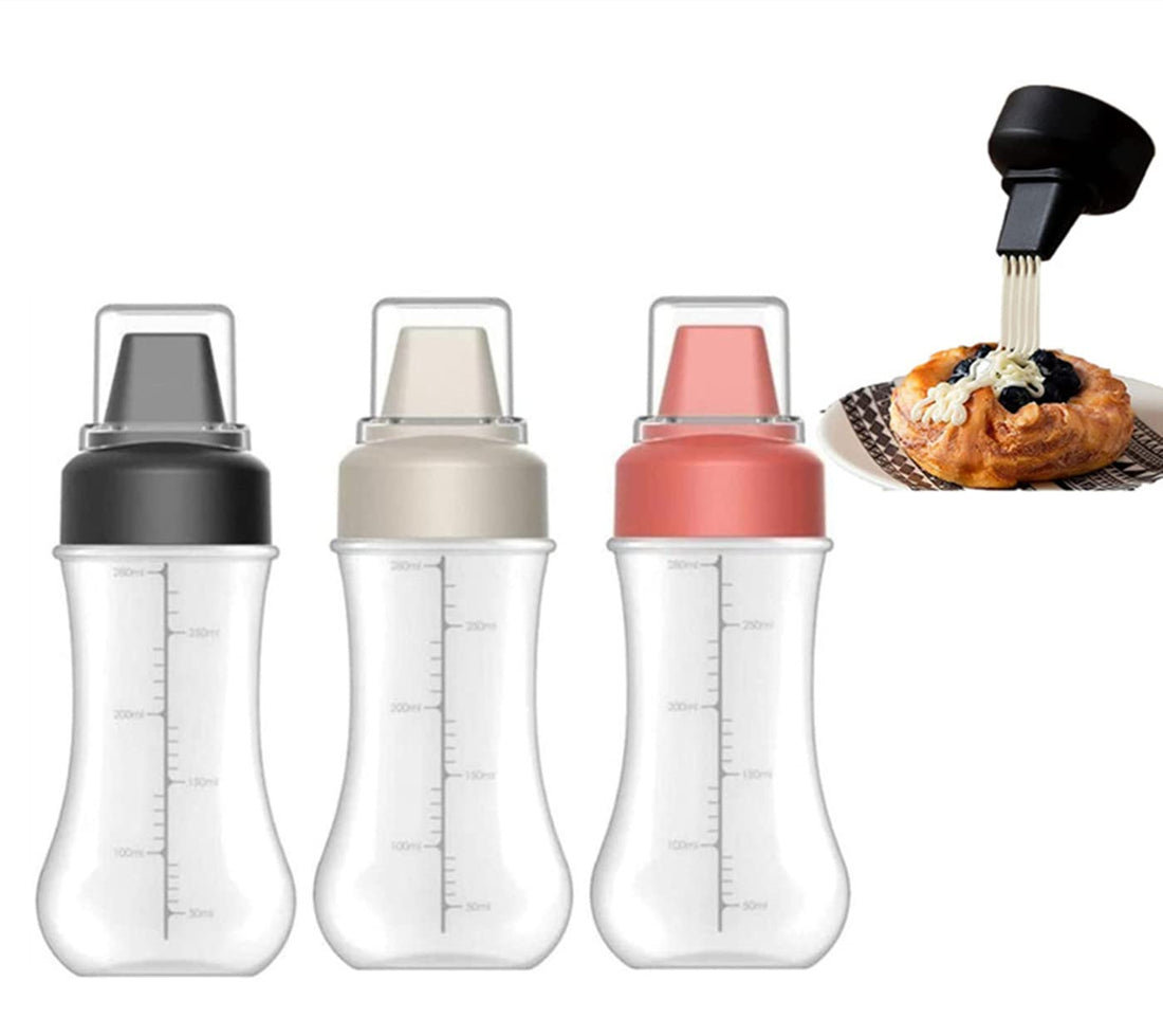 5-hole Sauce Squeeze Bottles with Lid，9.87oz/280ml Plastic Condiment Bottles for Ketchup Peanut Butter Ketchup Salad Dressing Mustard ，with Scale and Labels,3pcs