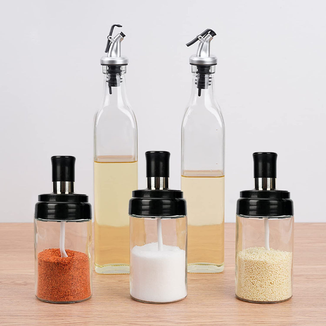 Jorunb Glass Condiment Jars and Glass Oil Bottles Set with Gift box, 17OZ Olive Oil and Vinegar Dispenser Bottle 2PCS, 10OZ Spice Container with Spoons 3PCS, Plugs for Seasoning Sauce Olive Oil