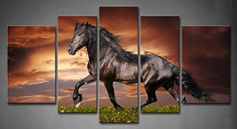 5 Panel Wall Art Black Friesian Running Horse Trot On The Field On Sunset Grass And Flower Painting Pictures Print On Canvas Animal The Picture For Home Modern Decoration piece (A)