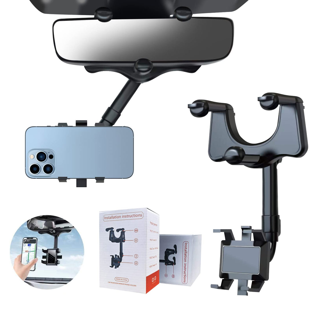 2022 Rearview Mirror Phone Holder for Car - Rotatable and Retractable Car Phone Holder, Multifunctional 360° Rear View Mirror Phone Holder Suitable for All Mobile Phones and All Car