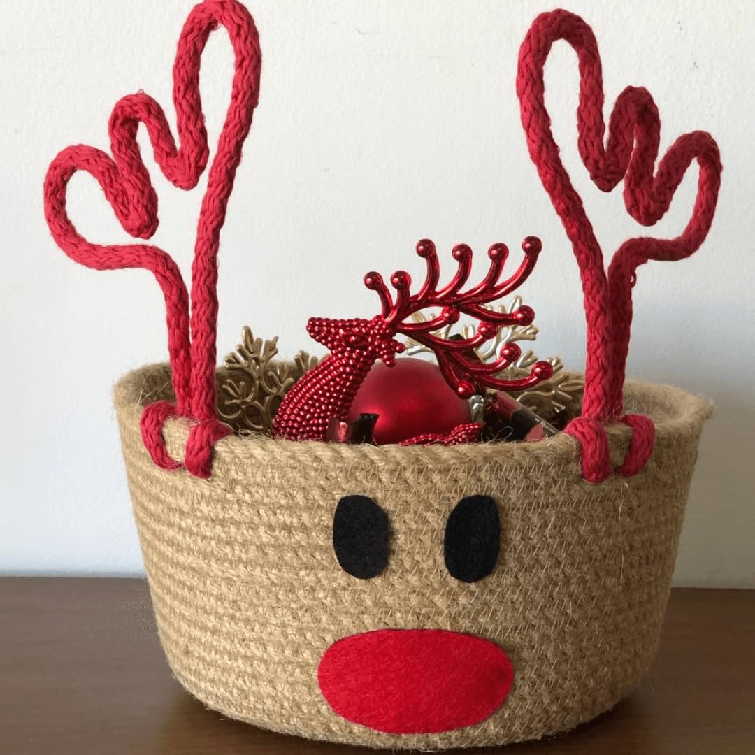 Christmas Rudy the Reindeer jute and red cotton rope basket-Holiday Basket CH-J-3B