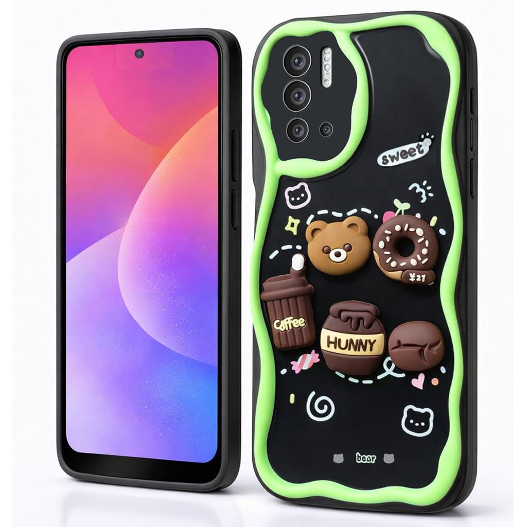 3D Cartoon Case Compatible with Redmi Note 10 5G - Cute Lightweight Raised Elements Soft Silicone Wavy Shape Comfortable Hand Cover (Little Bear & Coffee Cup)