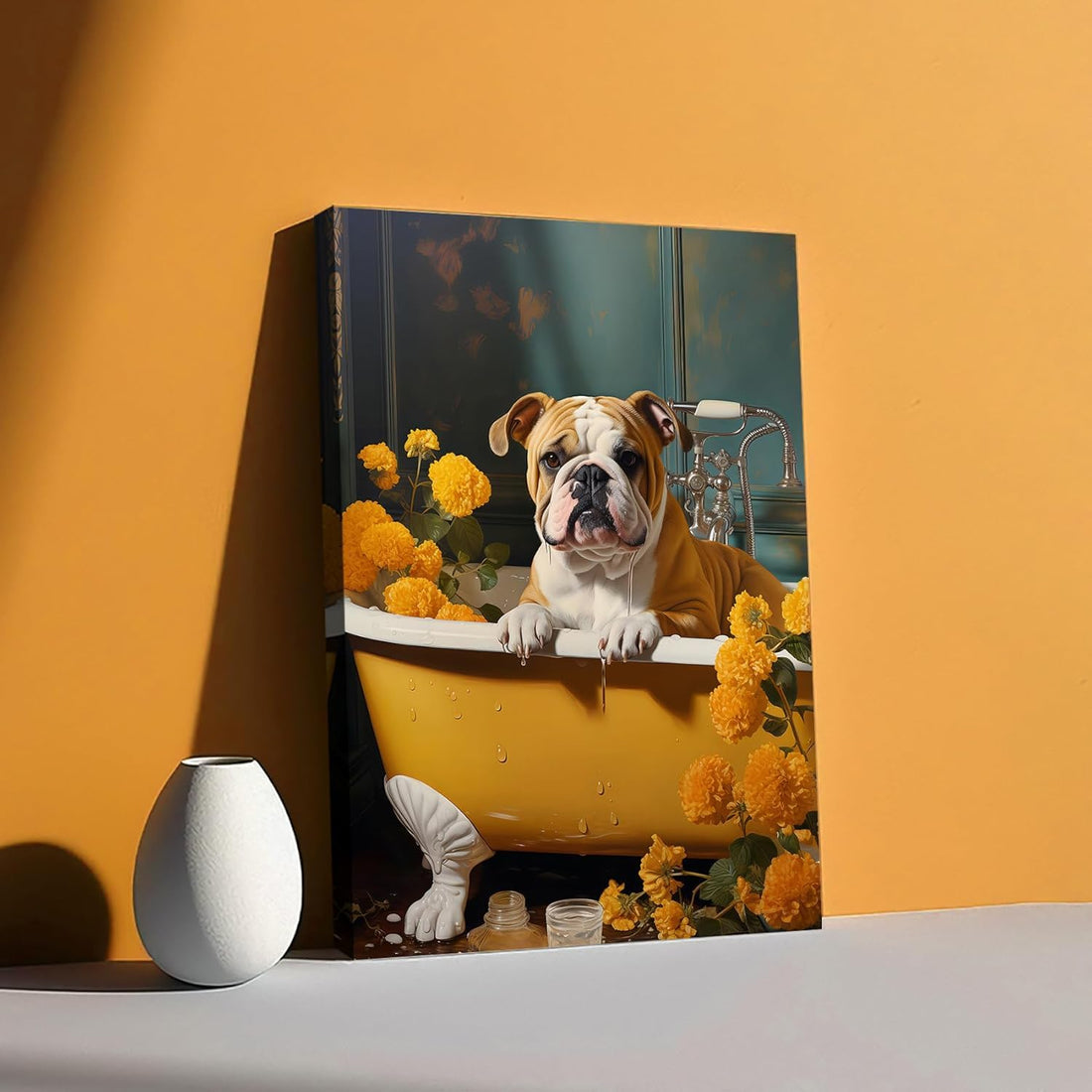 Bulldog in The Bathtub Wooden Framed Canvas Wall Art Mustard Yellow Flowers Animals Canvas Print Picture Painting Poster Home Office Kitchen Gallery Corridor Bathroom Wall Decor Ready To Hang 30x40cm