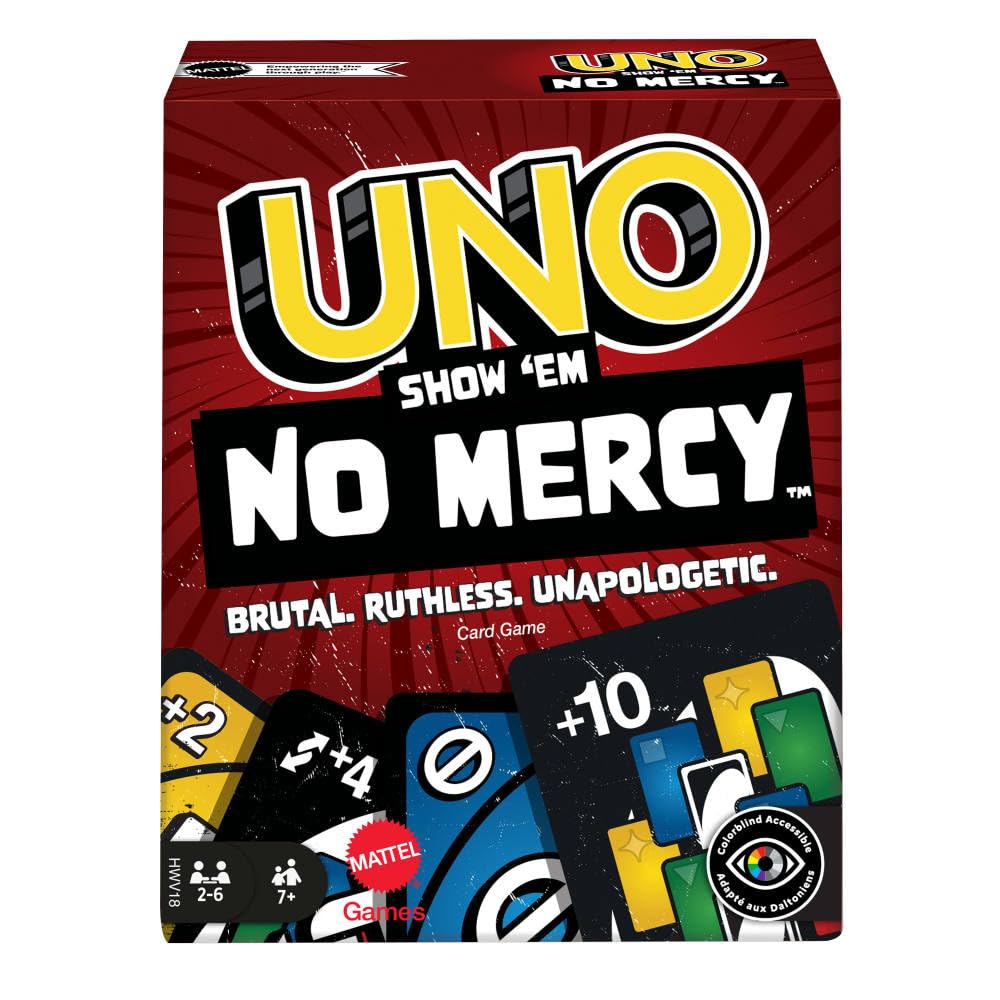 Mattel Games UNO No Mercy: UNO Variant, Multiplayer, Age 36+, Target Gender Unisex, Plastic, 169 Cards, 3E+1 Grams, 2024, Travel Theme, Unique Gameplay Mechanics and Harsher Penalties