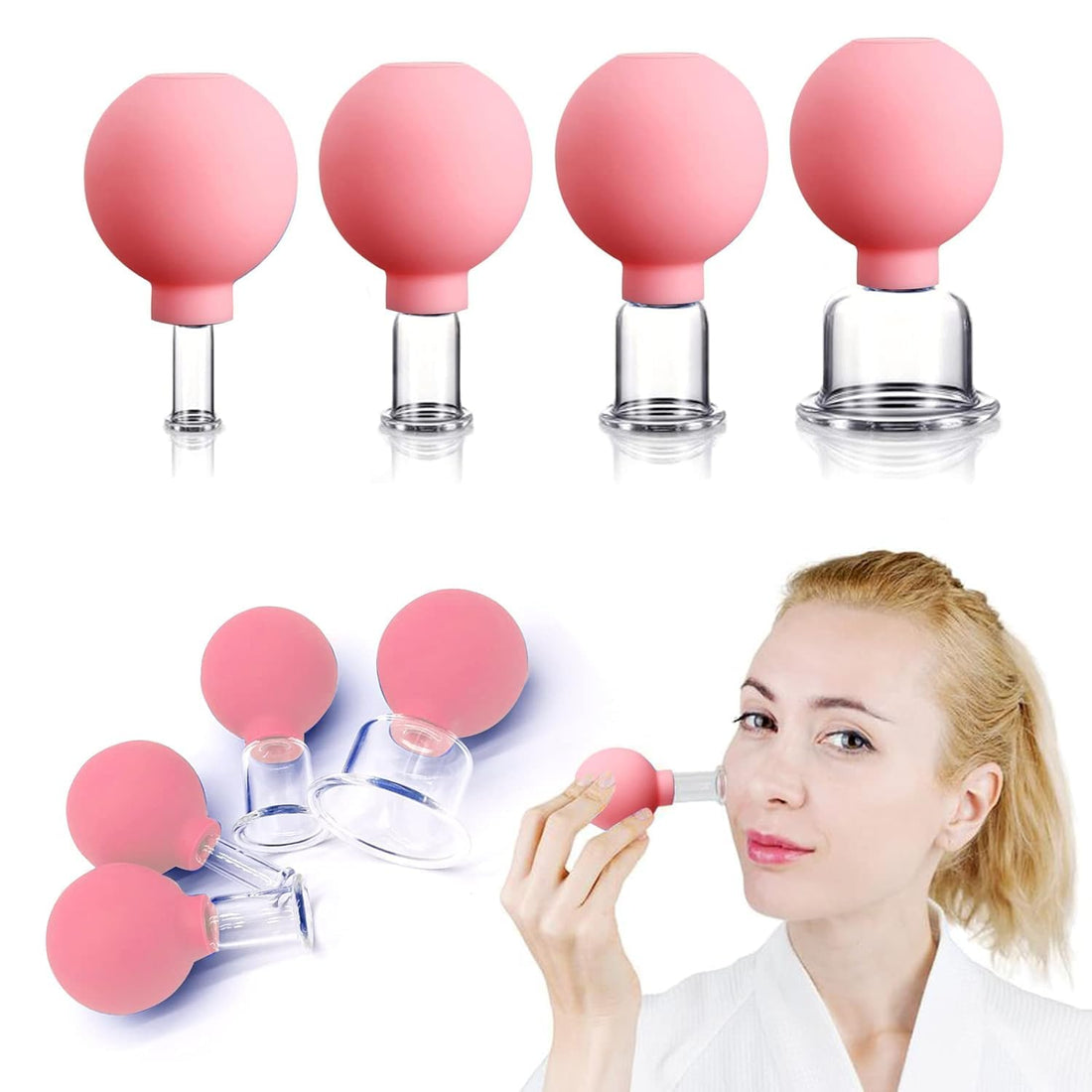4 PCS Glass Facial Cupping Set | Silicone Vacuum Suction | Cupping Massage Therapy | A Kit For Anti Cellulite, Anti Wrinkle and Instantly Ageless Skin | For Eyes, Face and Body(Pink)
