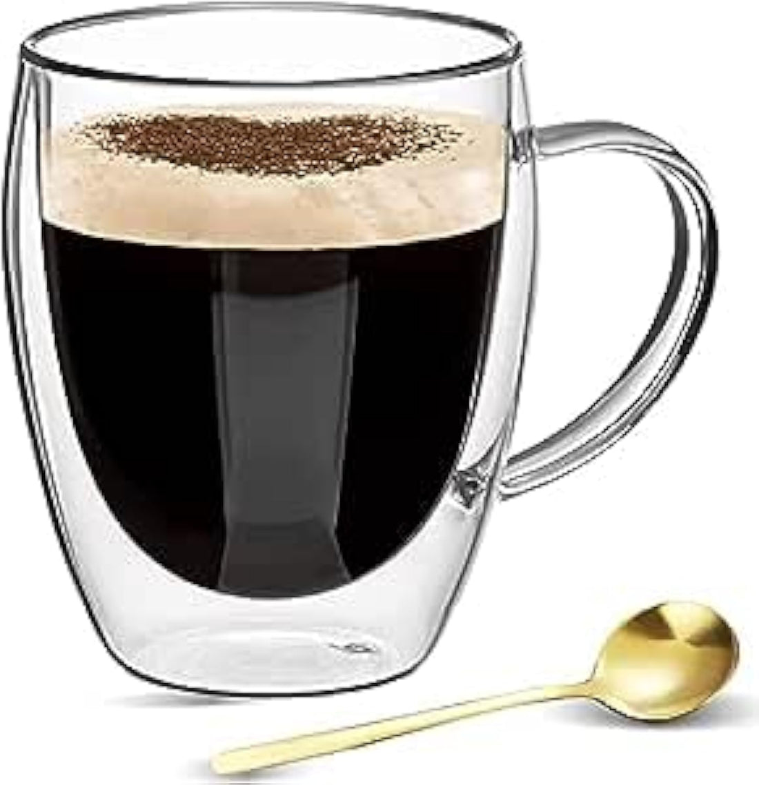 Cazadora Double Walled Glass Coffee Mugs - 350 ml Transparent Tea Cup with Handle - Double Glazed Cups for Tea, Iced Coffee, Smoothie with Stainless-Steel Spoon