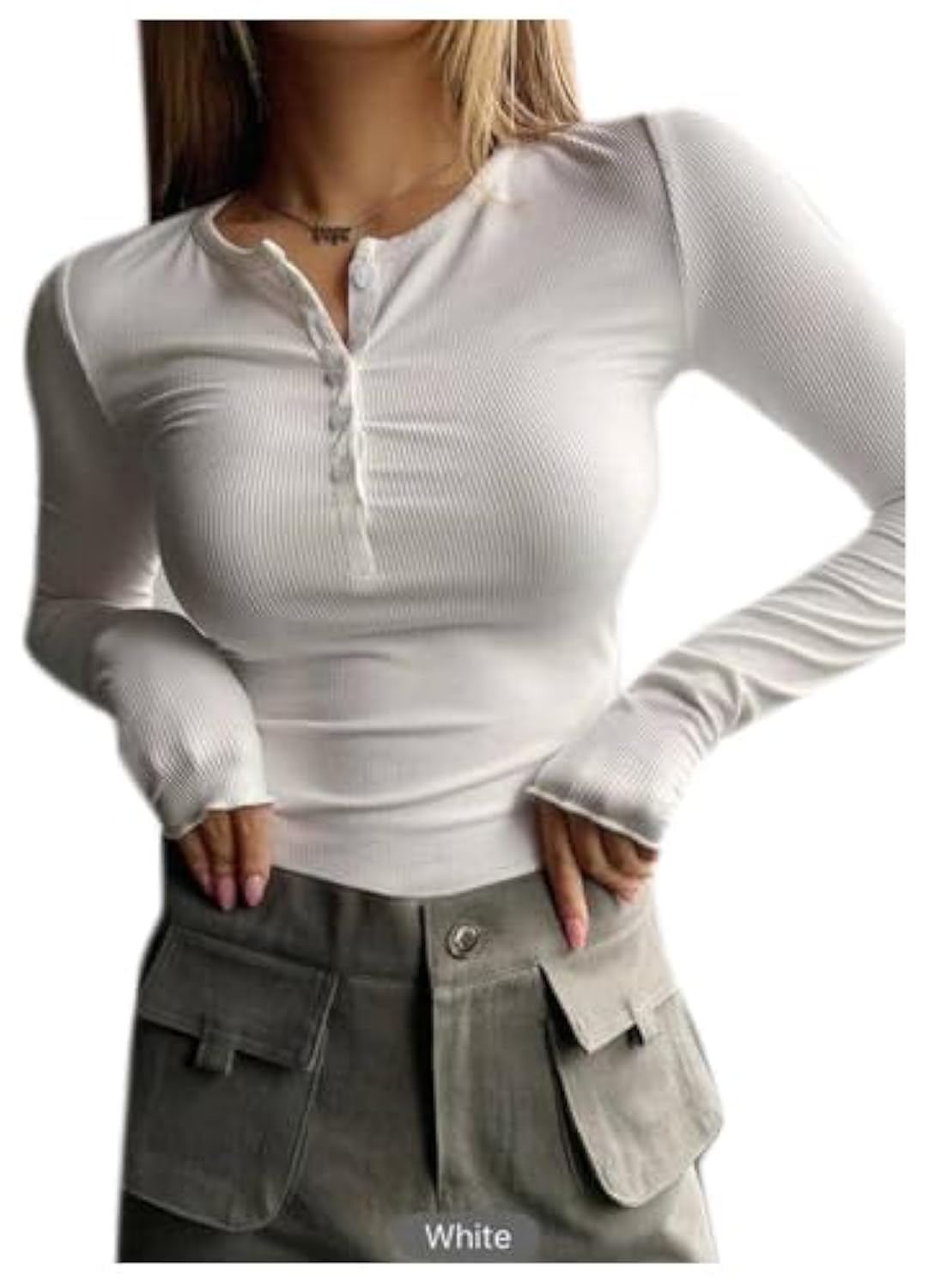 Ribbed Knit Regular Neck Long Sleeve T-shirt for Women - Slim Fit Button Down
