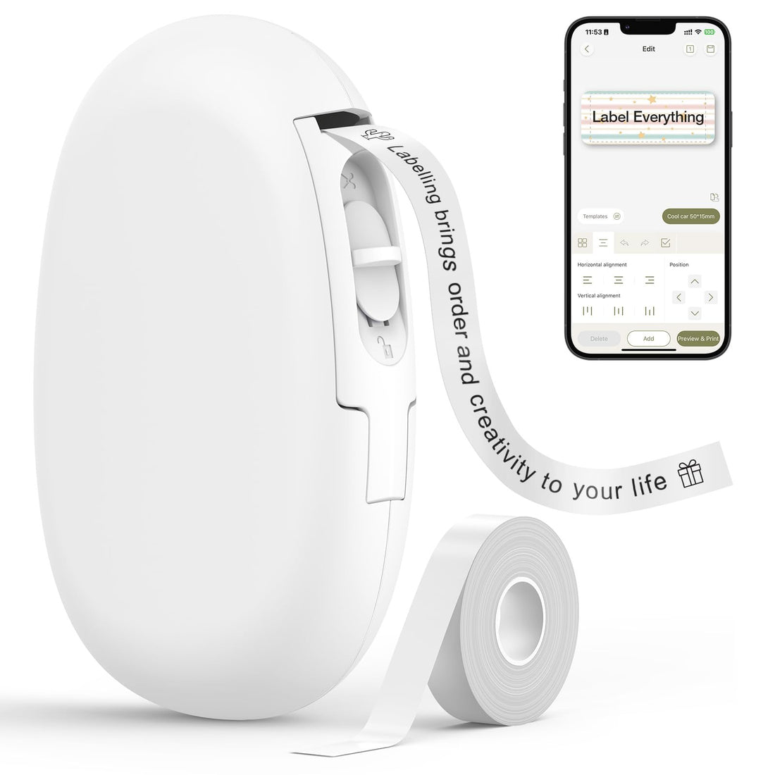 SUPVAN E10 Label Maker Includes 1 x Thermal Waterproof Self Adhesive Long Labels (15mm x 6m) for Home, Kitchen, School, Organization, Office, White