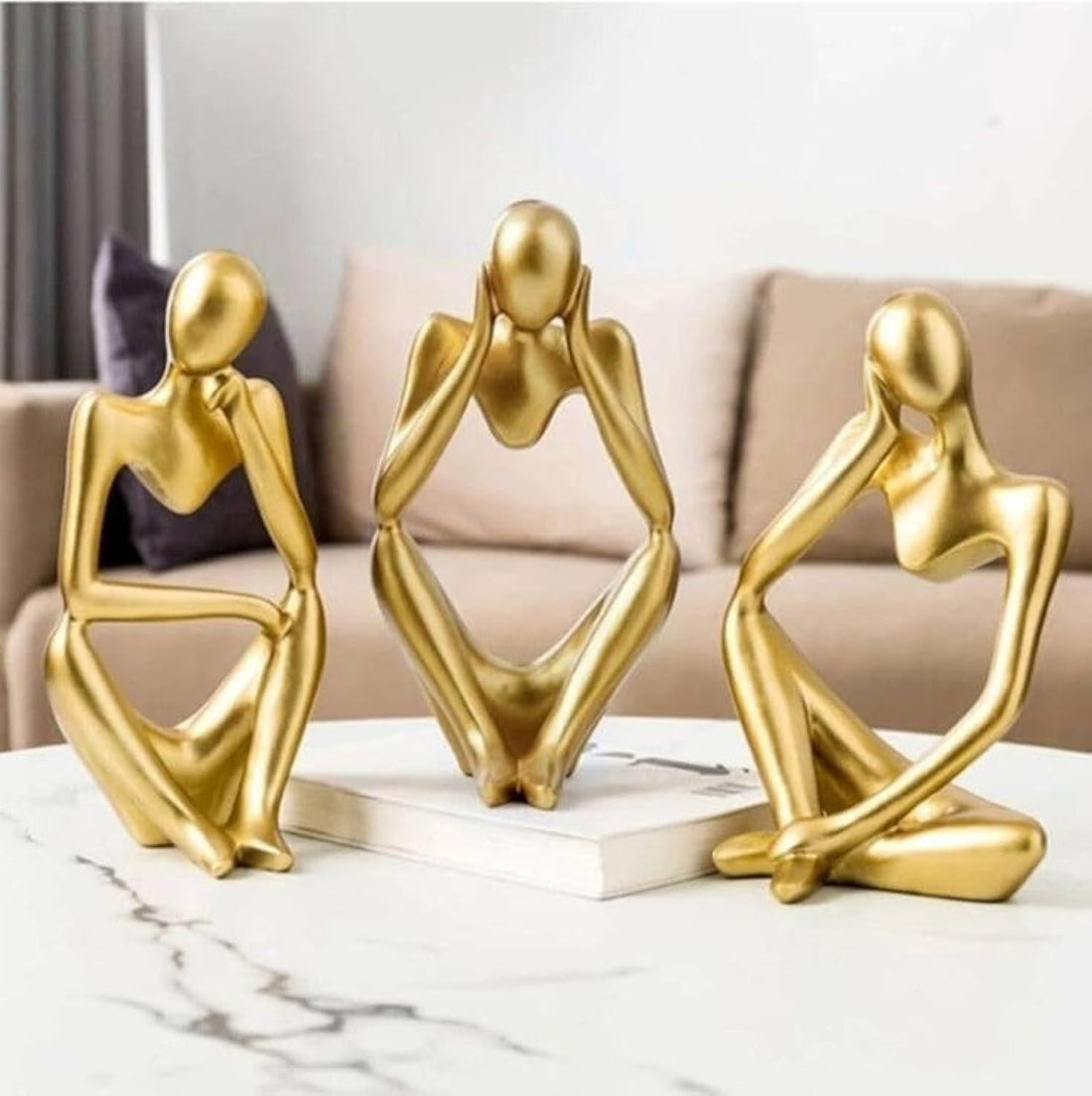 CONCRETE 3 Pieces Abstract Art Sculpture Thinker Collectible Figurine for Office Bookshelf Home Decor (Gold)