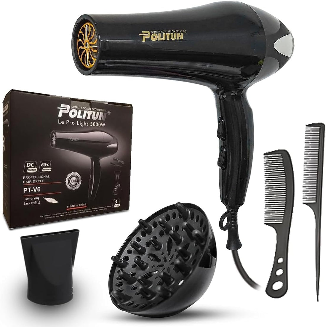 5000W Powerful Professional Hair Dryer, Salon Smooth Hair Dryer Quick and Quiet, with Diffuser, Detachable Nozzle, Two Speed Options, Three Heat Levels, Overheat Protection PT-V6 (Black)