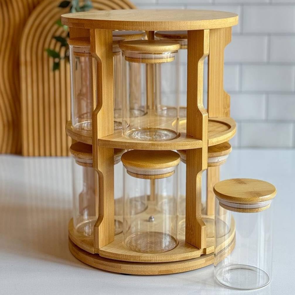 Generic Revolving Spice Set, 10 Glass Jars with Bamboo Lids, 250ml Capacity (bakar)