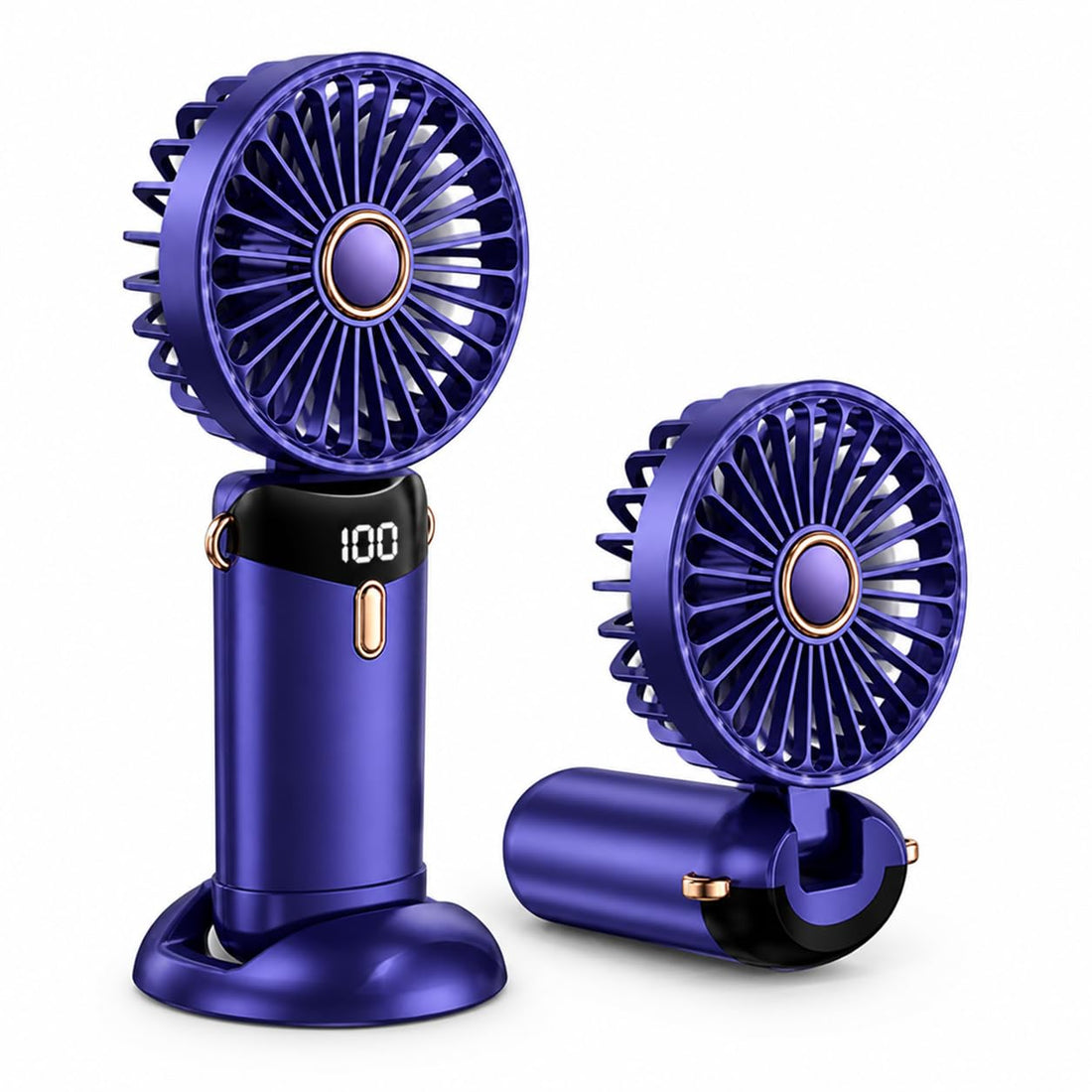 USB Portable Mini Cooling Fan with LED Display, Handheld Rechargeable Fan, 5 Speed Settings, Foldable 90 Degree Design with Phone Stand and Carry Strap