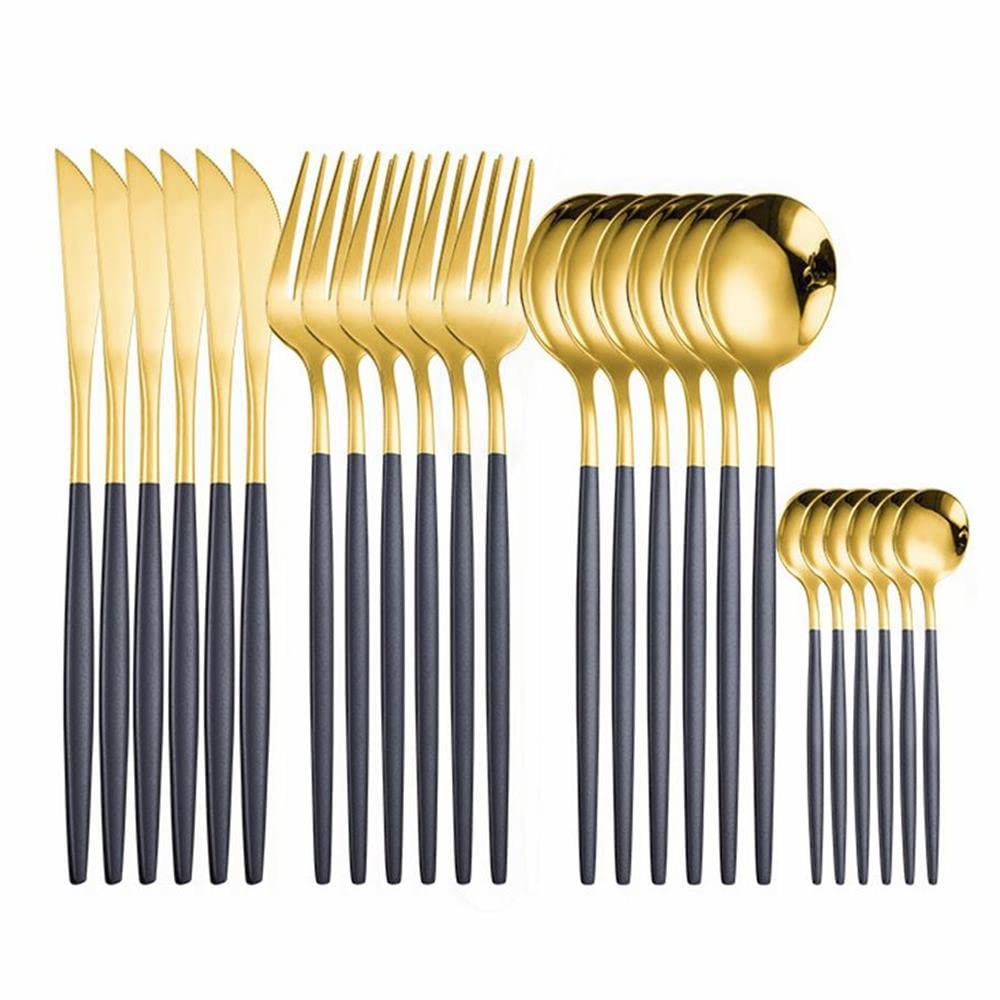 IMLUCKY - Silverware Set Stainless Steel Cutlery: 24 Piece Dinnerware Utensils Dinner Forks Spoons Steak Knife Service 6 (Black Gold)