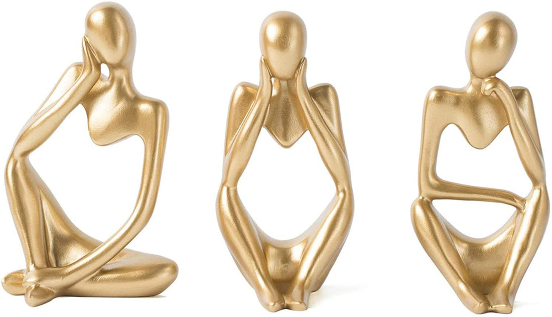 Gold Decor Thinker Statue Abstract Art Sculpture, FJS Set of 3 Golden Resin Collectible Figurines, for Home Office Bookshelf Desktop Decoration