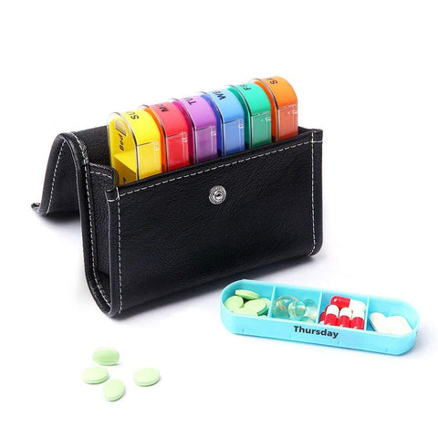 fashion mania 28-Compartment Weekly 7-Day Pill Box Organizer with PU Leather Bag - Each Day Divided into 4 Compartments