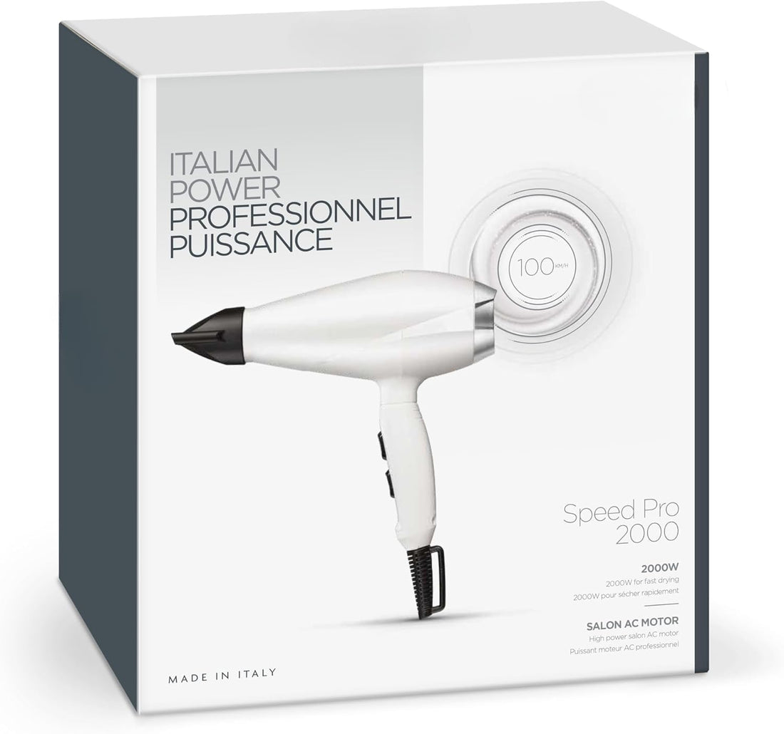 Professional Hair Dryer Speed Pro 2000 Professional Hair Dryer, White, 2000W, Salon AC Motor, Made in Italy
