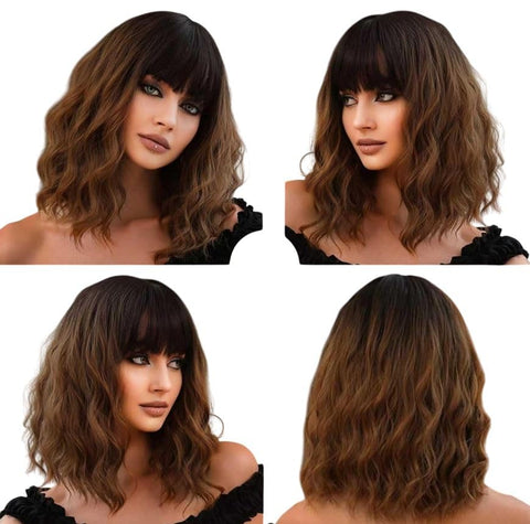 SHORT Bob Wavy Wigs with Bangs Shoulder Length curly Wavy Bob Wig Synthetic Hair with Curtain Bangs - Hair Wig for 12 Inch -32 CM TO 35 CM-JW-59-12A/6- BLACK ROOTS TOOmbre Brown