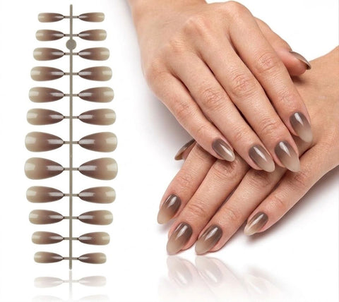 24 pc Press on Nails MIRROR OVAL Fake Nail Tips Nude Acrylic Nails Press ons Nail Almond Short Stiletto False Nail French Artificial with one sheet double face (N6)