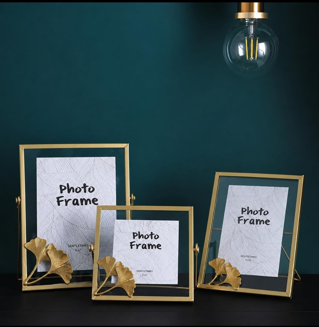 Gold Photo Frame Vintage Style Antique Gold Standing Picture Frames with Pressed Glass, Brass Metal Picture Frame for Photos Set of 3 Pcs (4" x 4", 4" x 6", 5" x 7)