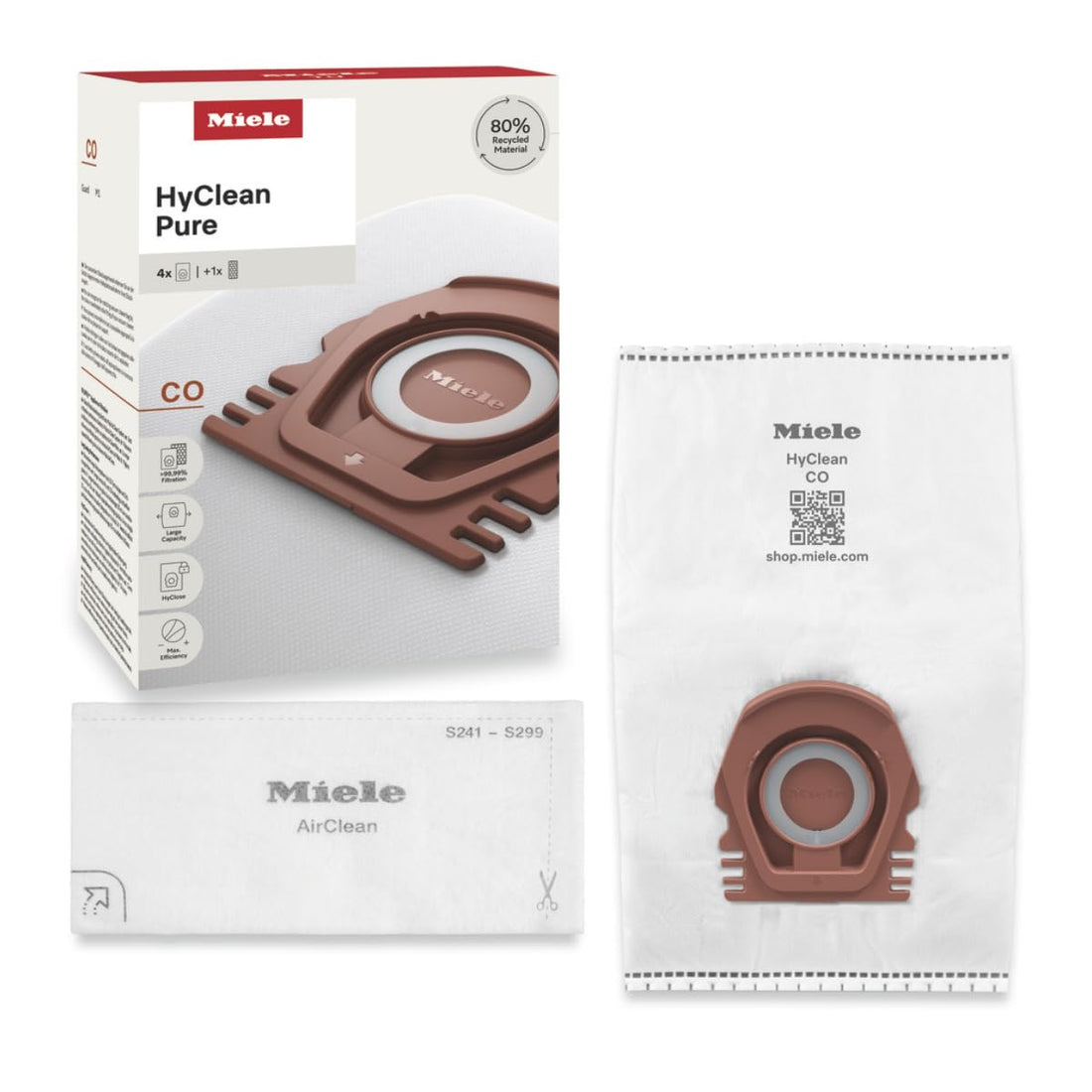Miele HyClean Pure CO Vacuum Cleaner Dust Bags for All Miele Guard M1 Models, Pack of 4 Dust Bags and 1 AirClean Exhaust Filter