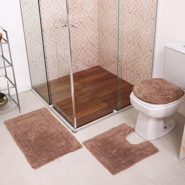 Plush Bathroom Rug Set, 3 Piece Shag Bath Mat with Anti-Slip Backing, .flo (Havana)