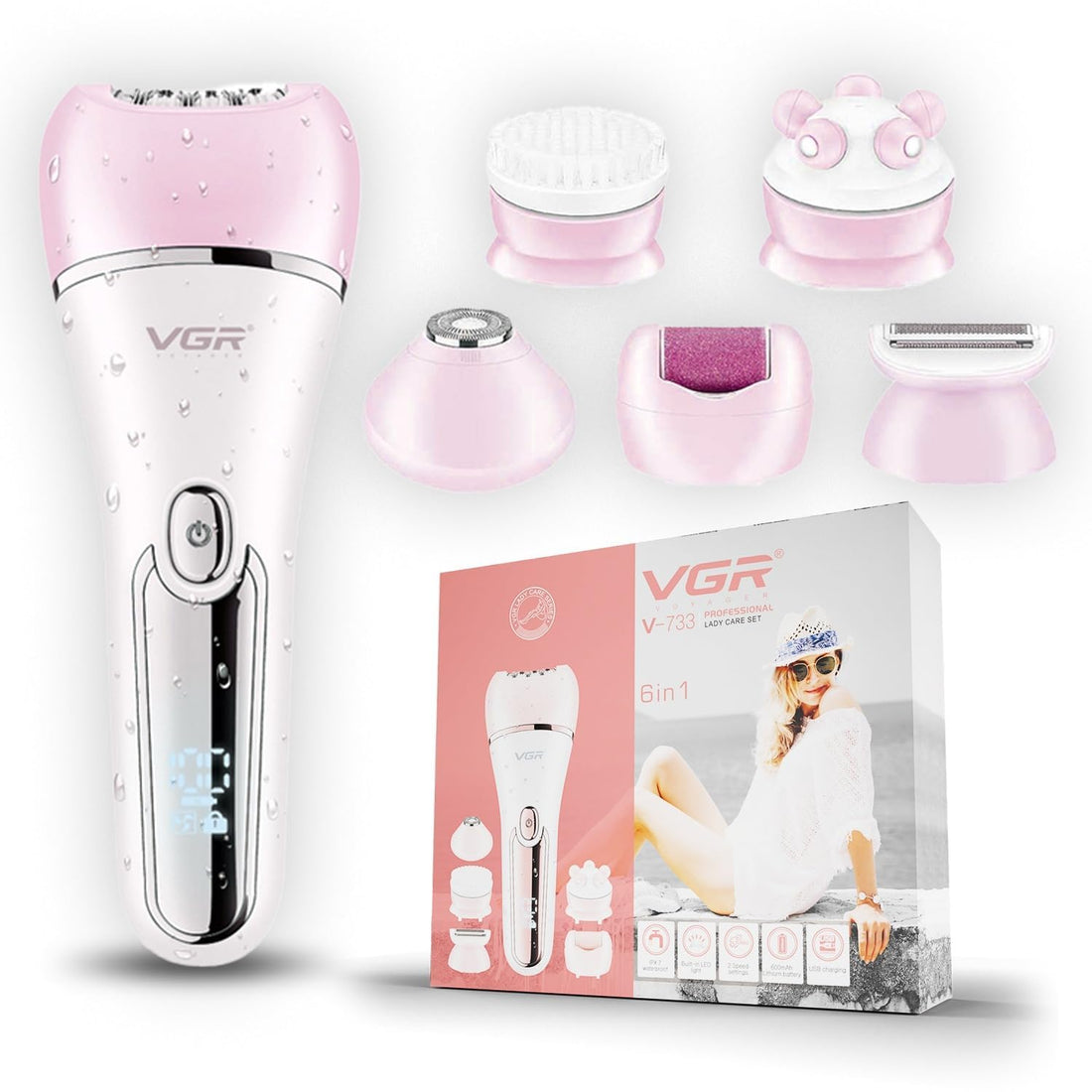 VGR 733 6-in-1 Epilator for Women, Cordless Rechargeable Electric Shaver, IPX7 Waterproof, Wet and Dry, with Facial Cleansing Brush and Callus Remover (Pink)