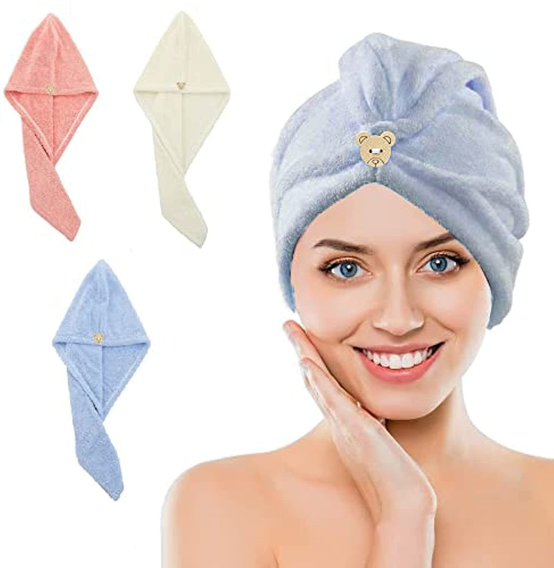 3 Pack Microfiber Hair Towel Hair Drying Towels with Butto Super Absorbent Twist Turban Fast Drying Hair Caps Fast Drying Hair Turbans for Women Wet Hair(Random Color)