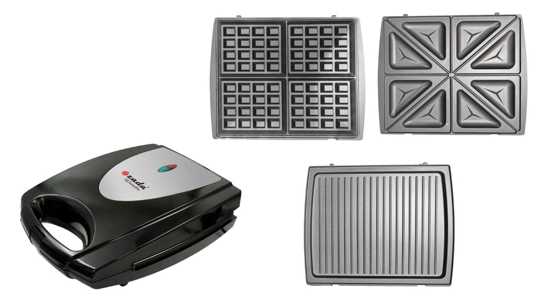 Zada 750W 3-in-1 Waffle Maker, Black/Silver