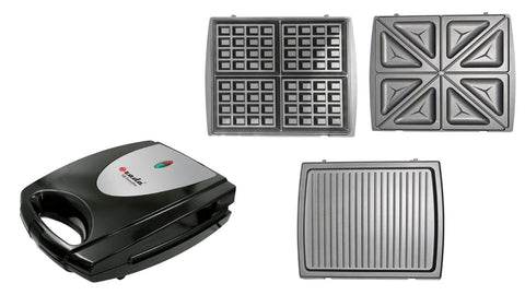 Zada 750W 3-in-1 Waffle Maker, Black/Silver