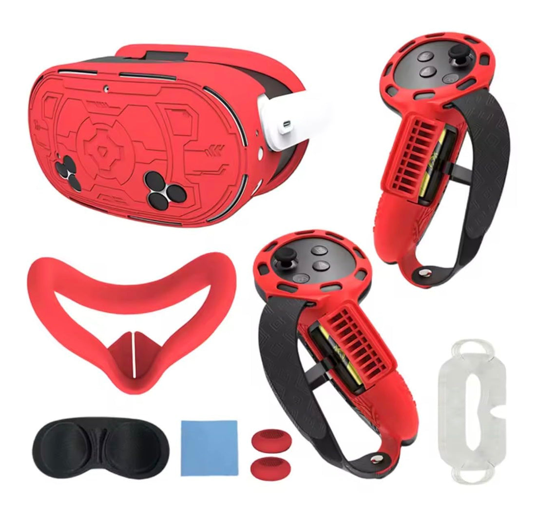 Fekra 7 Pcs VR Accessories Set for Meta Quest 3S, VR Anti-Scratch Protective Kit with Controller Grip Covers, Shell Cover & Anti-Drop Protection (Red)