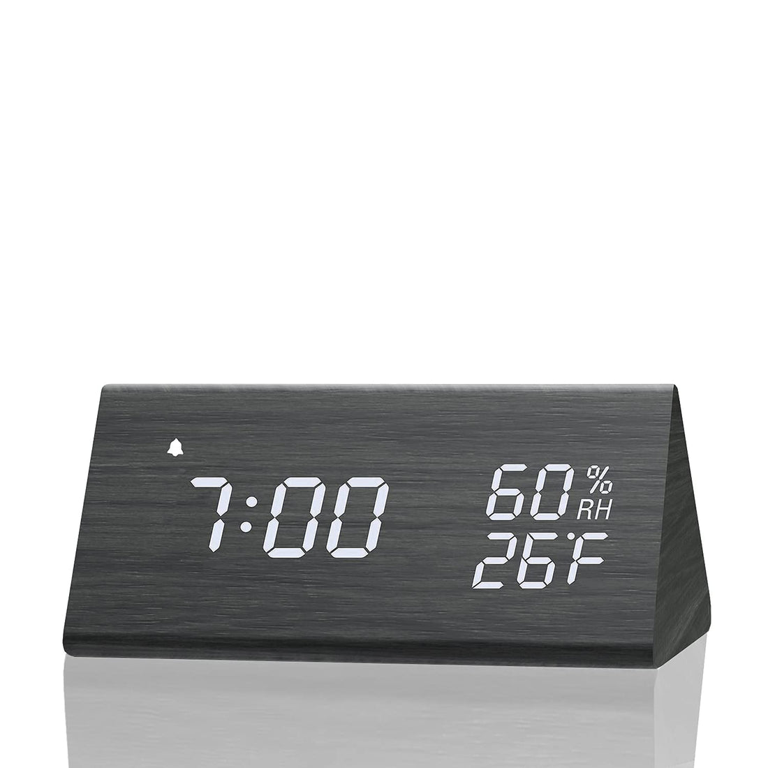 Digital Alarm Clock, LED Time Display 3 Alarm Settings Electronic Clock with Adjustable Brightness Humidity & Temperature Detect Wood Design for Bedroom, Bedside, Desk, Office Black