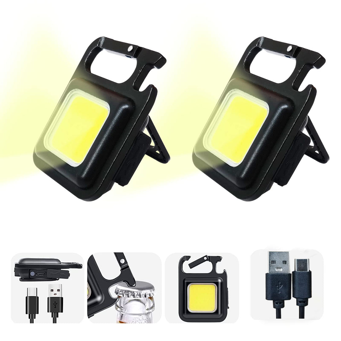 Mini LED Flashlights, 2 Pack COB Keychain Pocket Lights, USB Rechargeable Small Portable Bright Lamp 1000 Lumens Magnetic for Camping Bottle Opener Fishing Work Walking