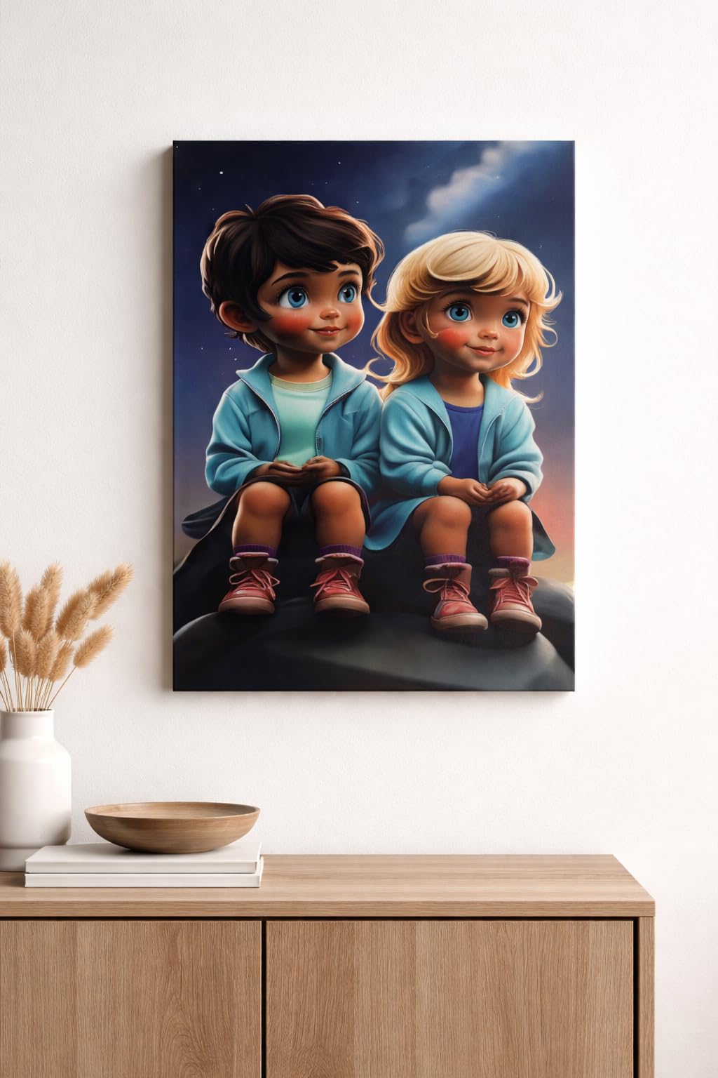 HFR Colourful Portrait Wooden Wall Art Tableau - Lively Artistic MDF Painting for Living Room & Bedroom, 35x24 cm (Night Children)