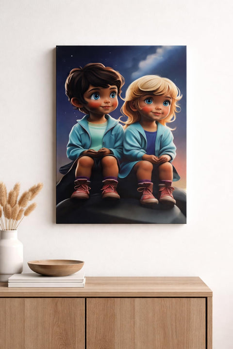HFR Colourful Portrait Wooden Wall Art Tableau - Lively Artistic MDF Painting for Living Room & Bedroom, 35x24 cm (Night Children)