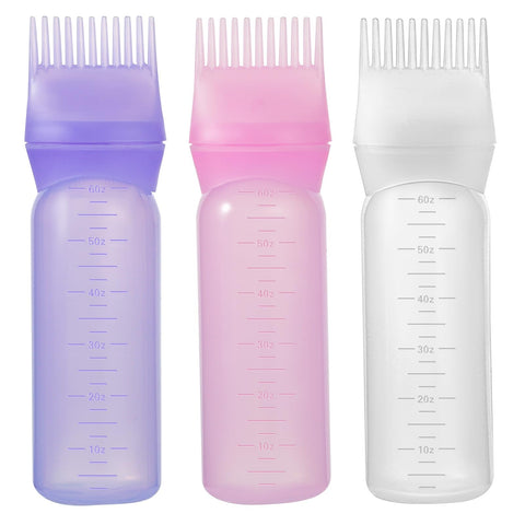 Pimoys Root Comb Applicator Bottle 6 Ounce Oil Applicator for Hair Dye, 3 Pack Hair Coloring Brush Bottle with Graduated Scale(Pink, Purple, White)
