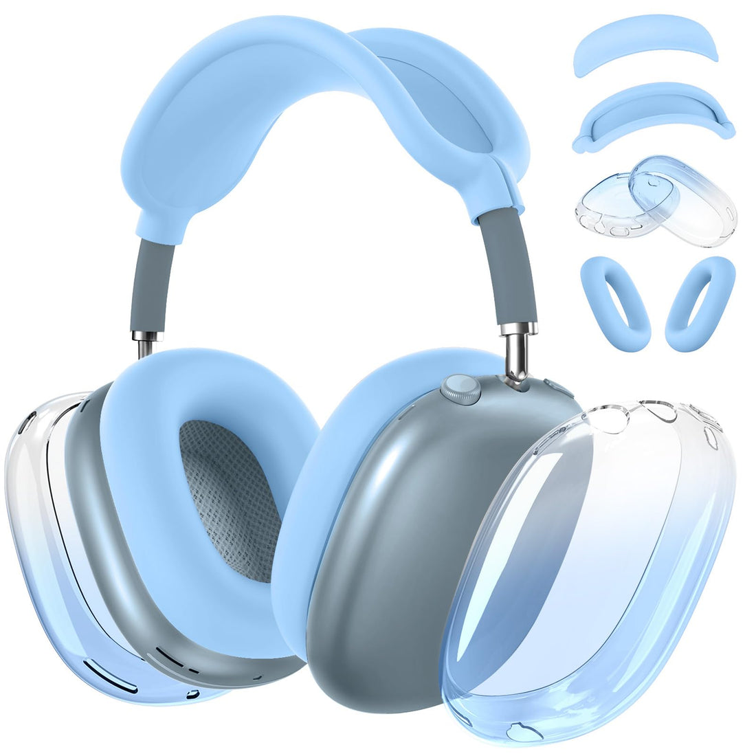 [4 in 1] Silicone Case Cover for AirPods Max, Clear Gradient Soft TPU Ear Cups Cover/Ear Pad Case Cover/Headband Cover Transparent Accessories for Apple AirPods Max (2024/2020)(USB-C/Lightning), Blue