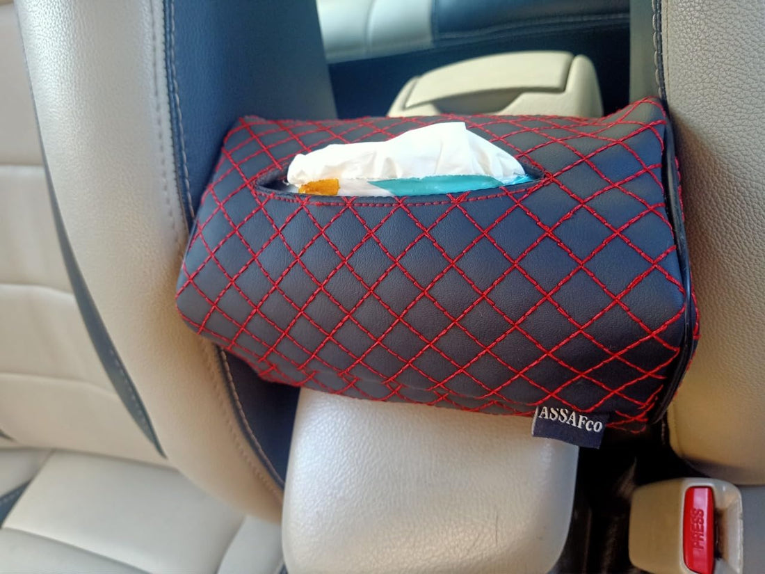 ASSAFCO Car Leather Tissue Holder square embroidery (black/red)