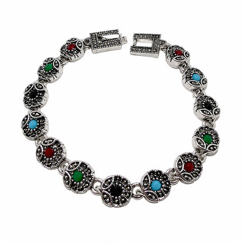 OTTOMAN SILVER BRACELET for Women – Turkish Vintage Silver Plated Bracelet with Color Stones – Elegant Luxury Fashion Jewelry Gift for Girls & Ladies