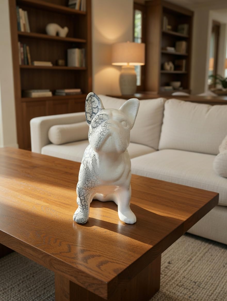 French Bulldog Statue, Polyester, Half White and Half Cracked Black Pattern, Modern Home Decor for Office Living Room 20 * 18 * 10