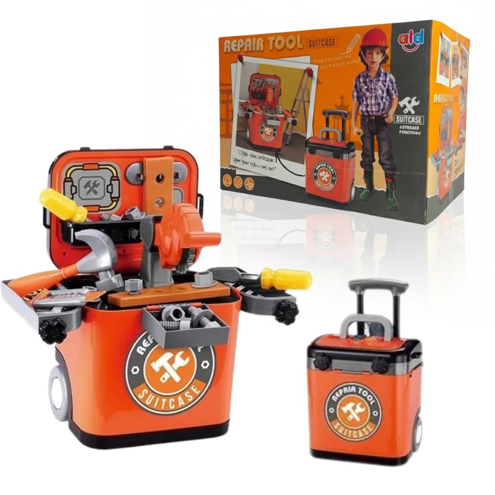 Transforming Little Engineer Tool Case, 2 in 1 Toy Converts from Trolley Travel Case to Integrated Workbench with Saw, Screwdriver and Hammer.